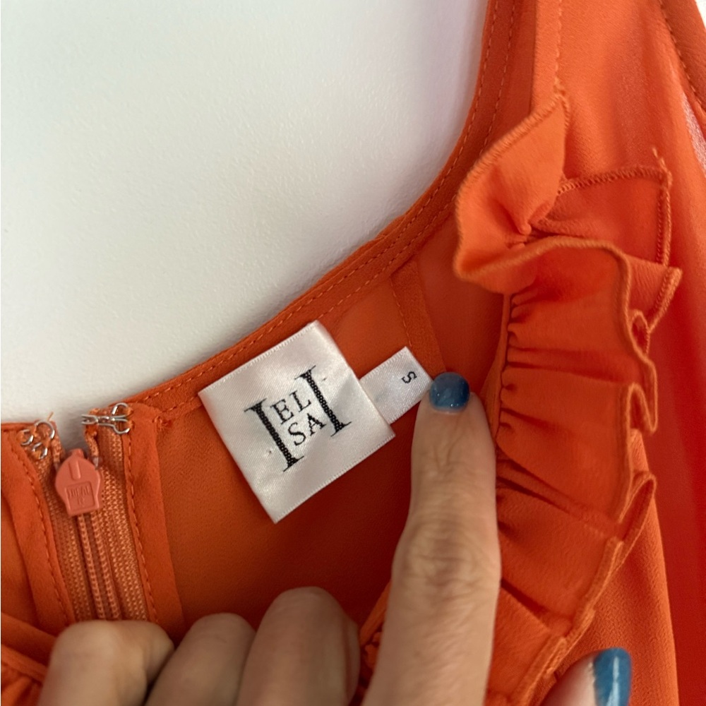 HELSA Sheer Ruffled Long Orange Dress - Picture 8 of 12